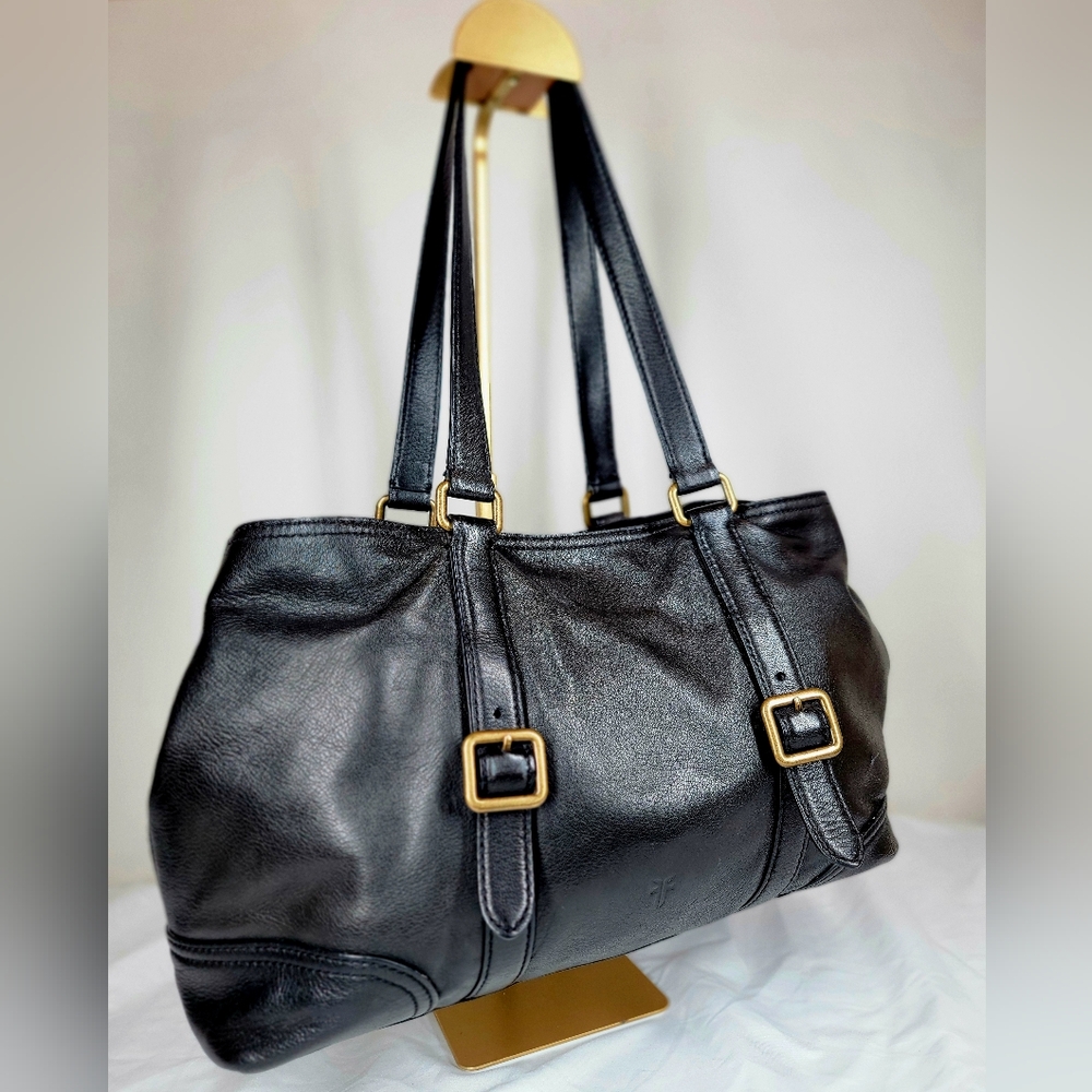 FRYE Leather Black Lily Melissa Buckle Pocket Double Handle Tote Purse Shoulder